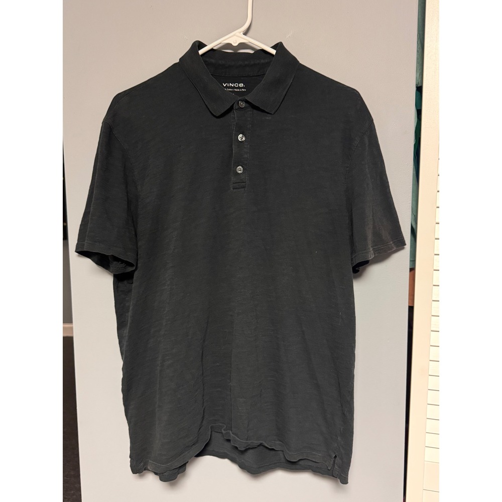 Vince Mens Slub Cotton Short Sleeve Polo Shirt Heather Black Large Minimalist